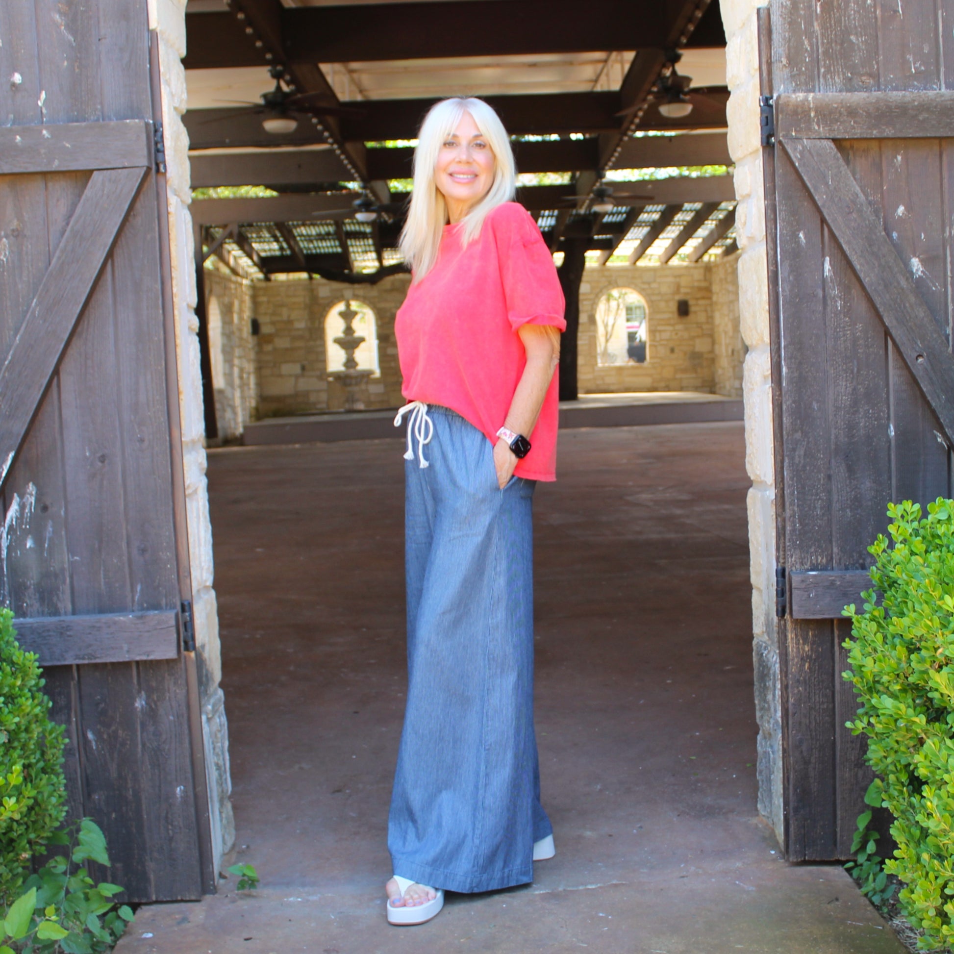 Essome Washed Pinstriped Wide  Leg Pants - Petticoat Junction