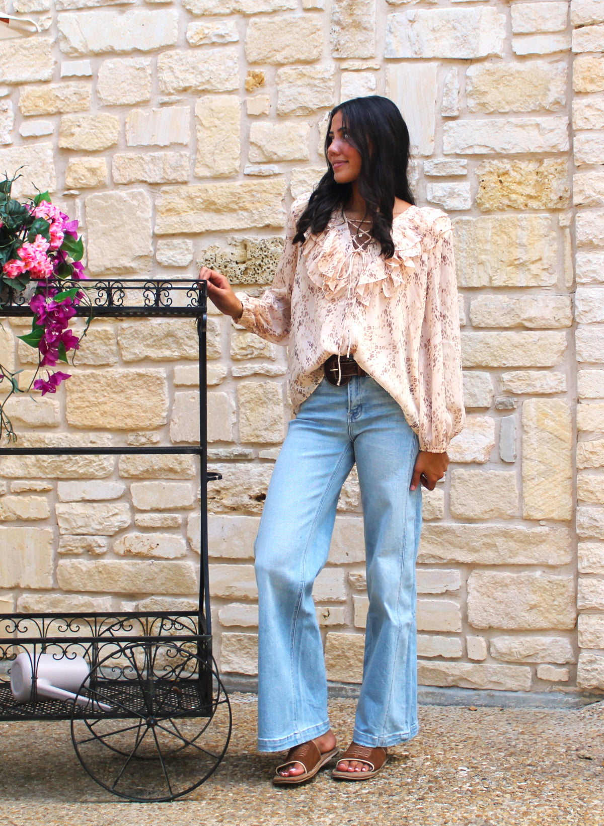 Mustard Seed Lattice Front Tie Blouse