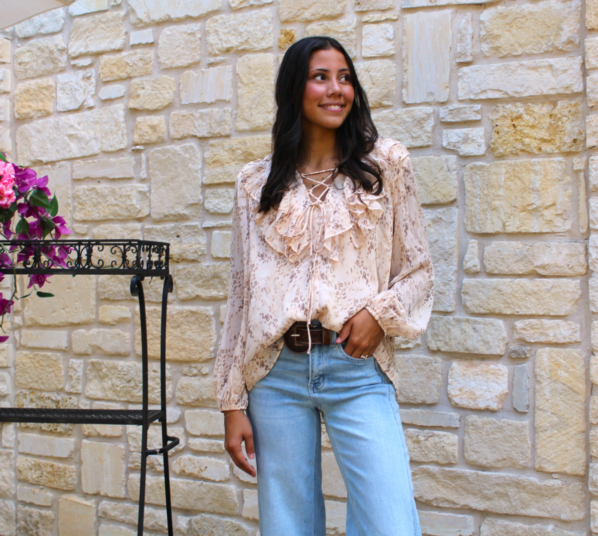 Mustard Seed Lattice Front Tie Blouse