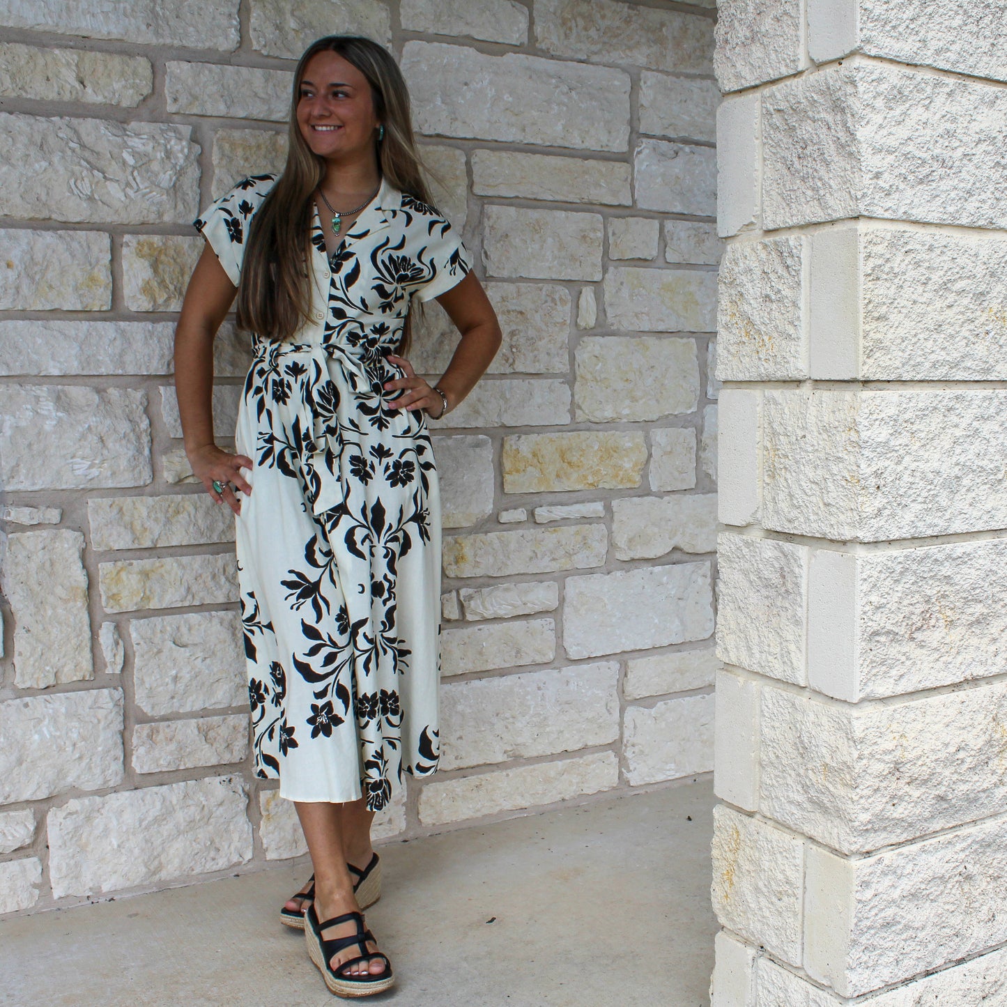 Miou Muse Cream/Black Print Midi Dress