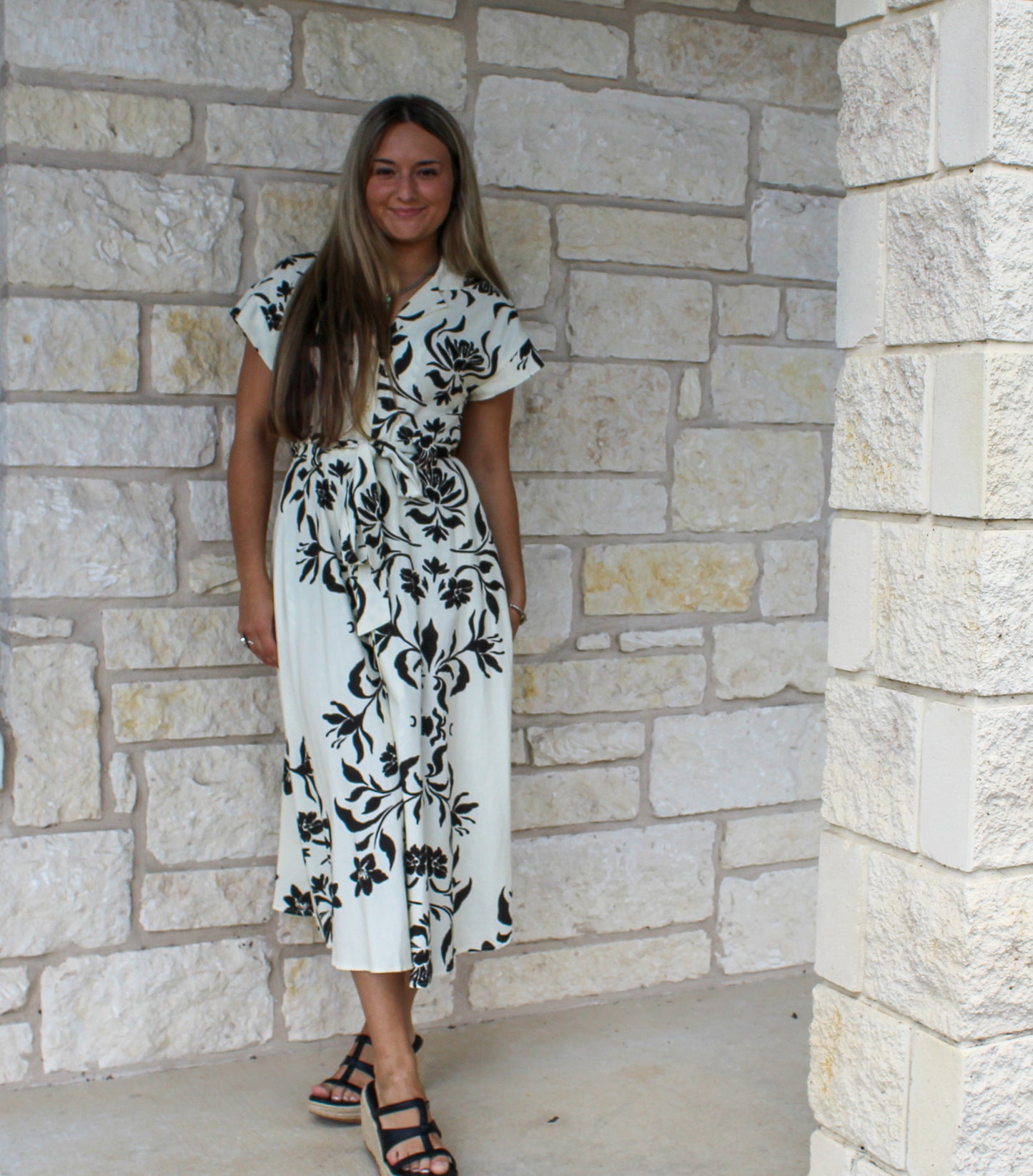 Miou Muse Cream/Black Print Midi Dress