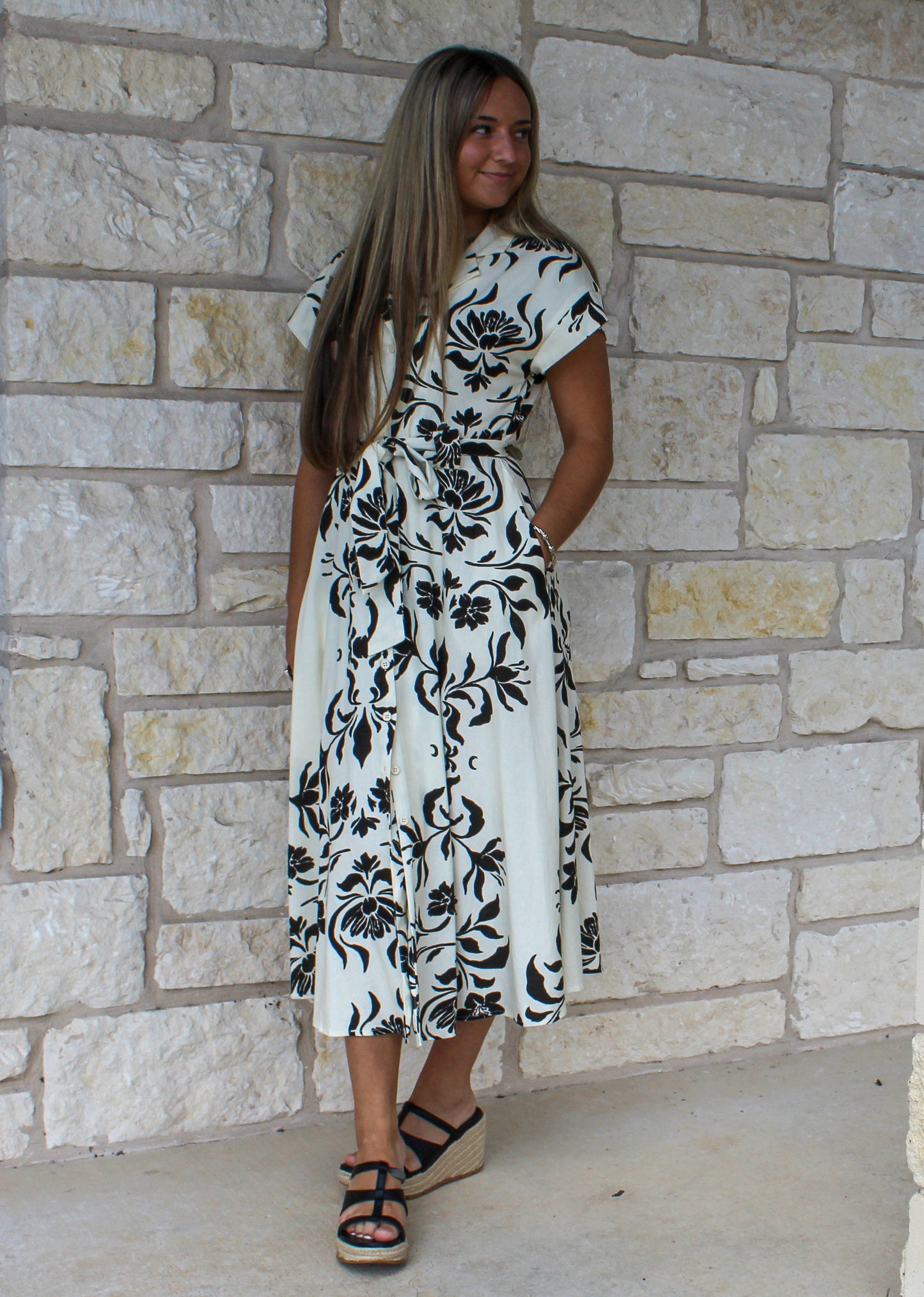 Miou Muse Cream/Black Print Midi Dress