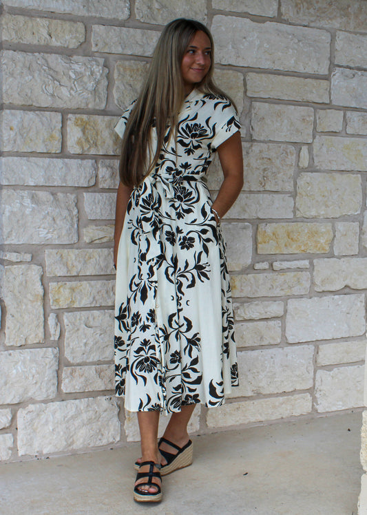 Miou Muse Cream/Black Print Midi Dress