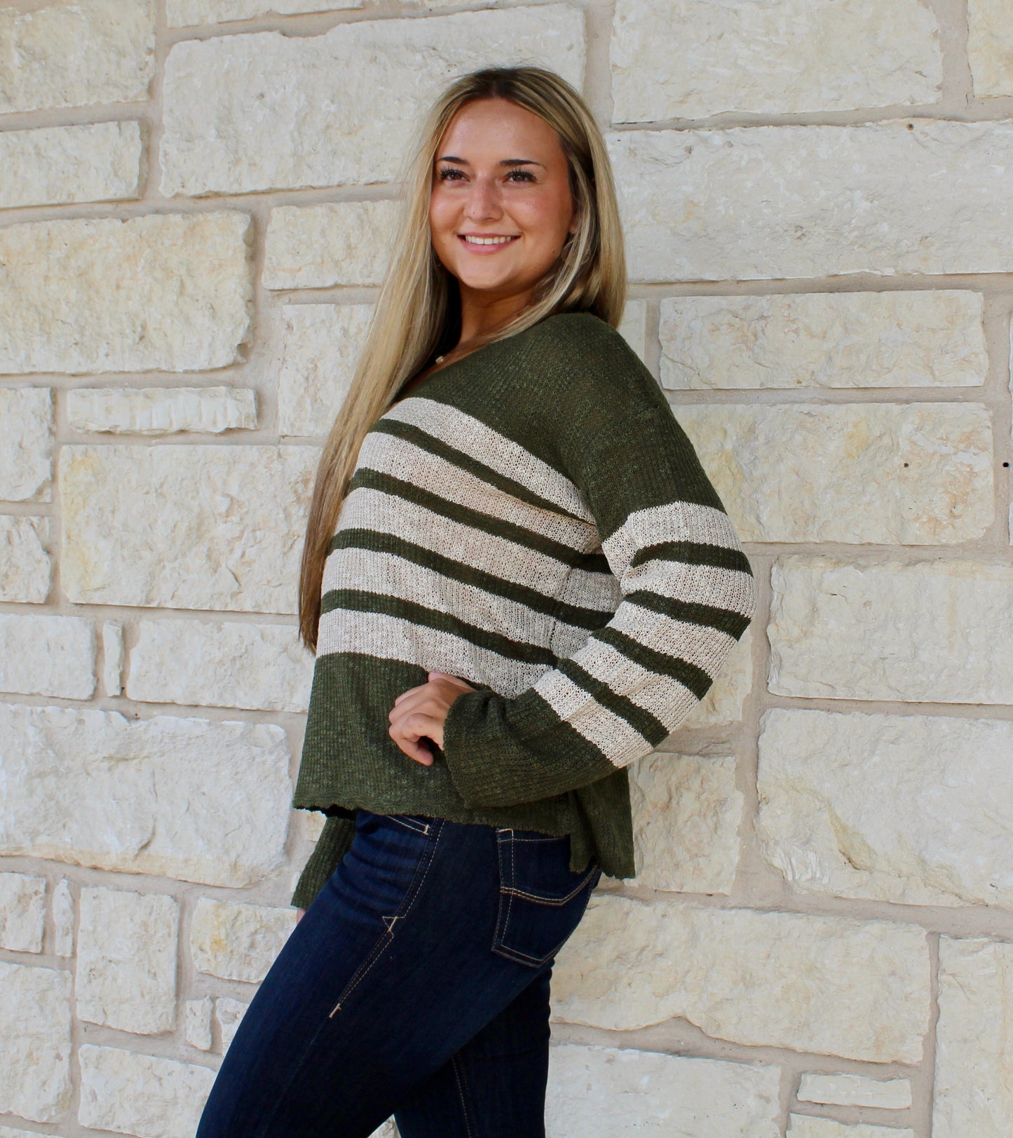 Wishlist Olive/Cream Striped Sweater