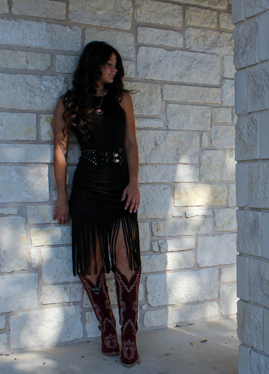 Rock&Roll Black Microsuede Fringe Dress