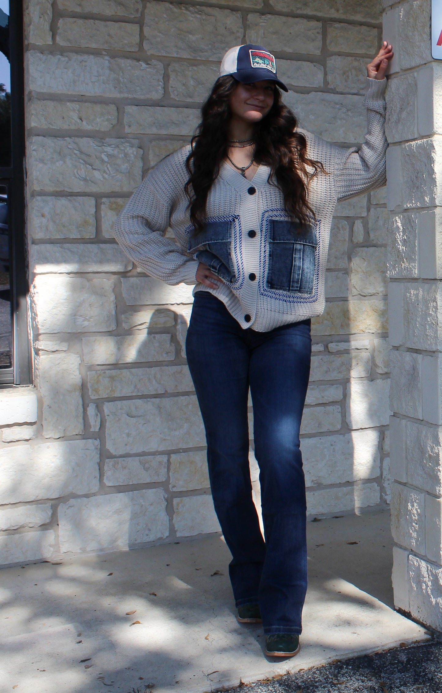 Knit Cardigan w/Denim Pockets