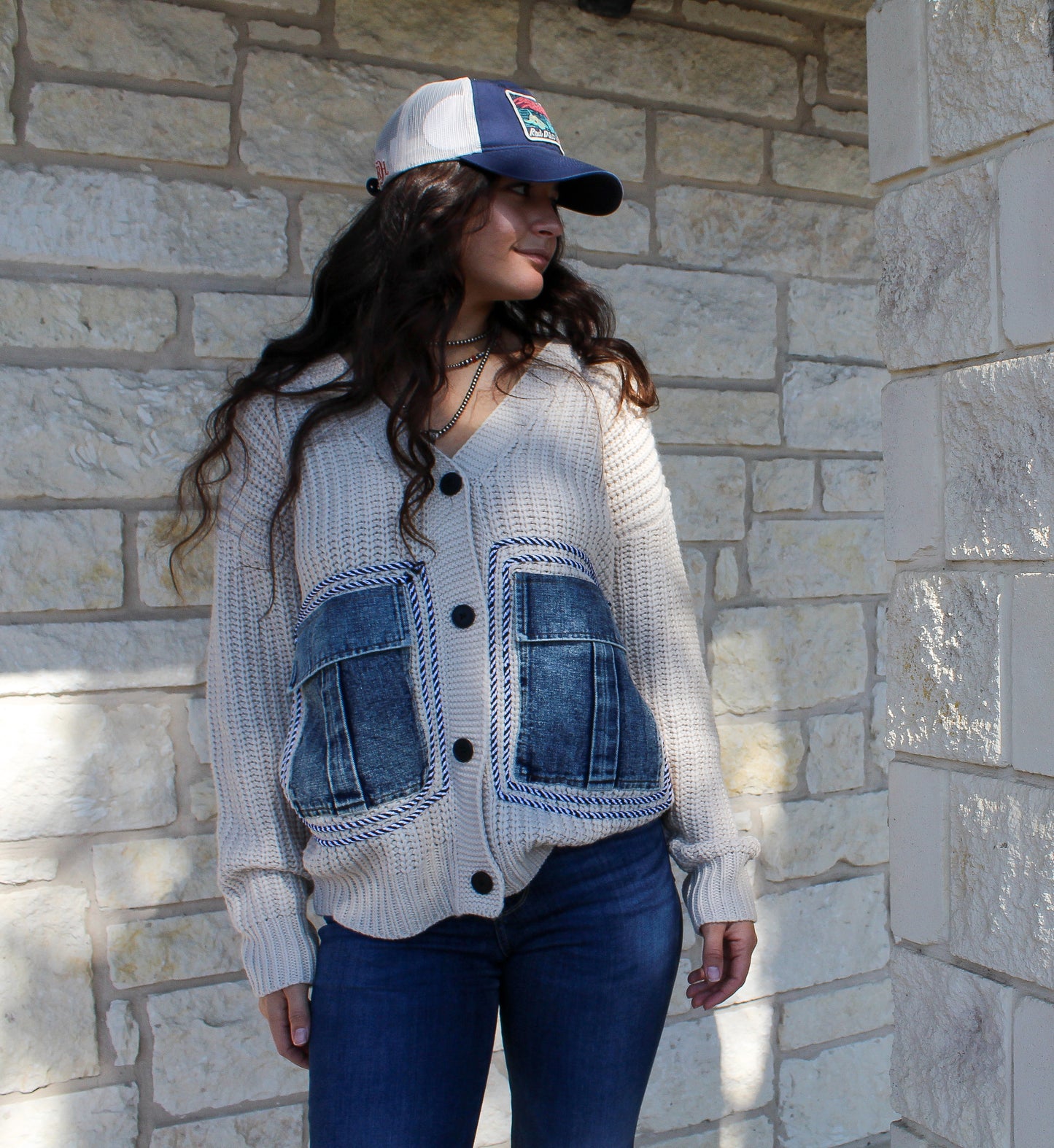 Knit Cardigan w/Denim Pockets