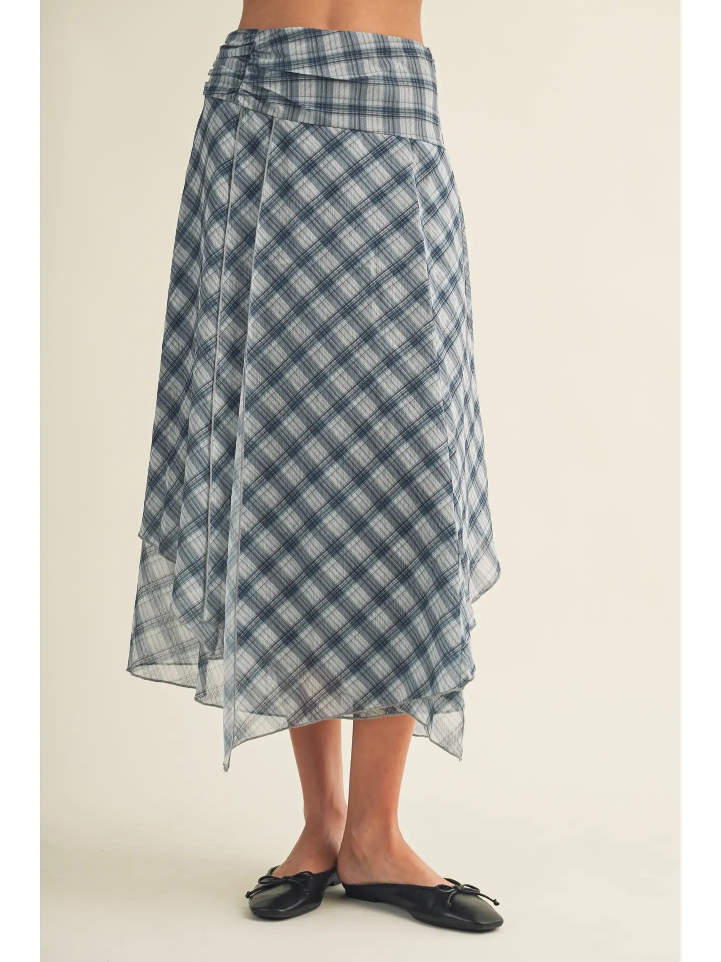 Mustard Seed Unbalanced Plaid Denim Blue MIDI Skirt