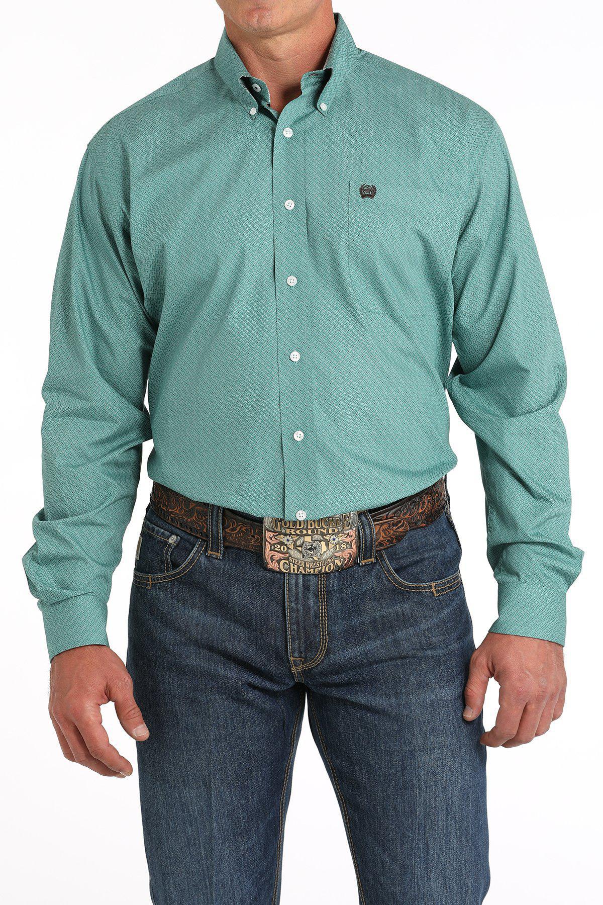 Cinch Green Print Plaid Cuff Shirt