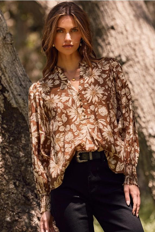 Oddi Mocha Floral Sheer Blouse