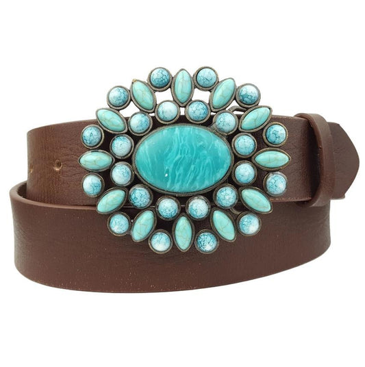 AXW Brown Leather Belt Turquoise Buckle