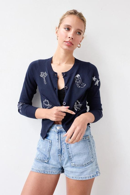 RNL Navy Embroidered Western Cardigan