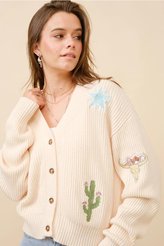 Blue B Ribbed Western Embroidered Cardigan