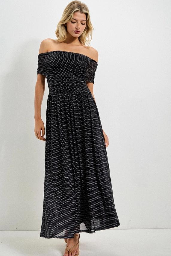 BEV Polka Dot Mesh Smocked Dress