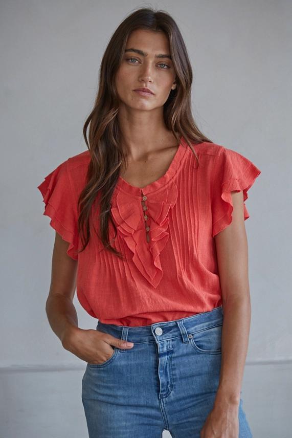 BT Linen Button V-Neck Ruffle Top