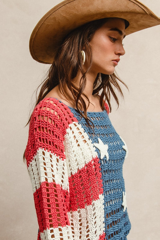 BiBi American Flag Crochet Knit Sweater