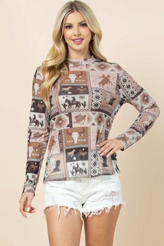 Avery Amy Western Print Mesh Top