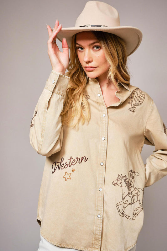 Blue B Western Embroidered Taupe Top