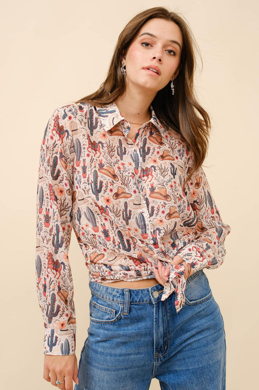 Blue B Beige Western Print Chiffon Blouse