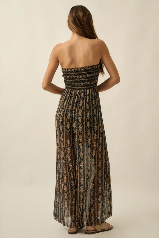 Dark Floral-Print Strapless Jumpsuit