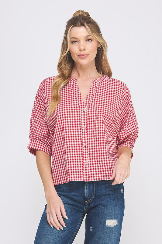 AR Red Gingham Front Button Top