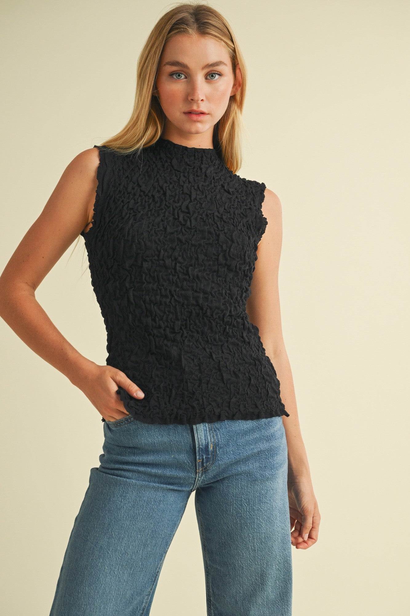 Mustard Seed Black Mock Neck Crinkle Top