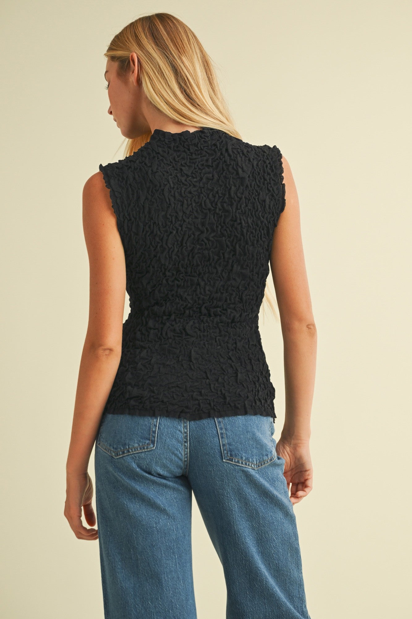 Mustard Seed Black Mock Neck Crinkle Top