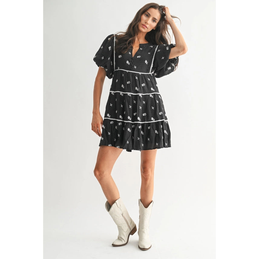 Cam Black Floral Embroidered Dress
