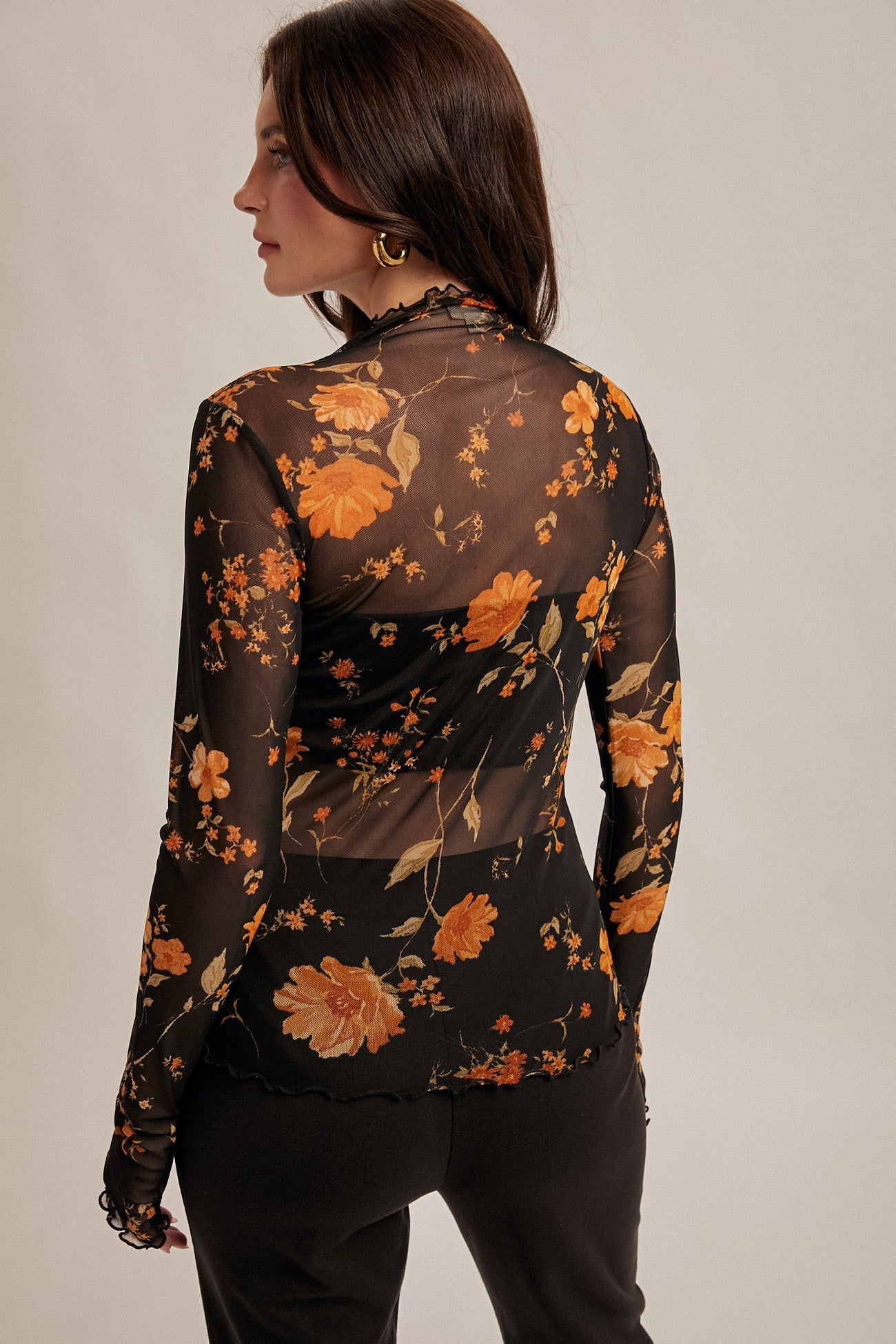 Hem&Thread Floral Mesh Print Top Black