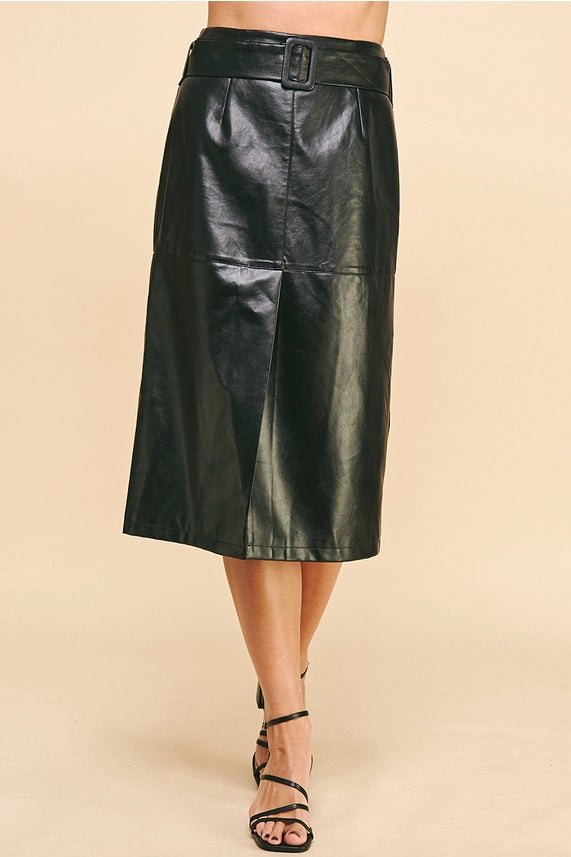 Pinch Belted Faux Leather Midi Skirt