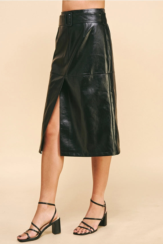 Pinch Belted Faux Leather Midi Skirt