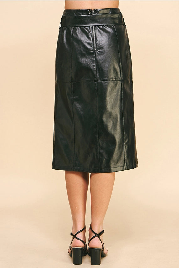 Pinch Belted Faux Leather Midi Skirt