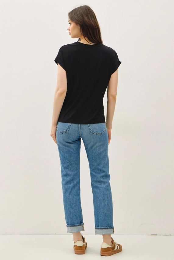 Be Cool Black Ultra Soft V-neck Cap Sleeve Top