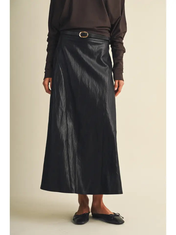 Mustard Seed Black Asymmetric Seam Belted Skirt