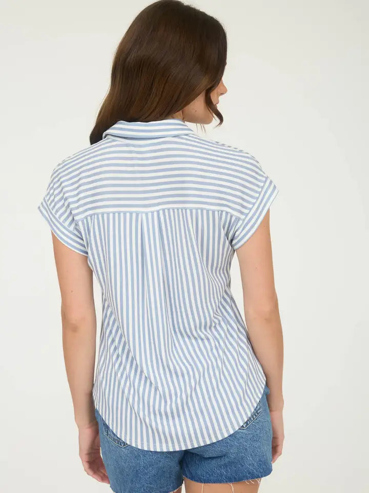 BP Dusty Blue Stripe Collard Top