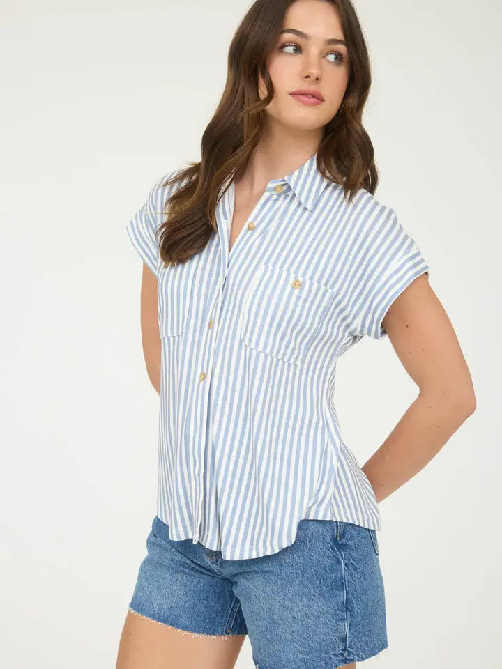 BP Dusty Blue Stripe Collard Top