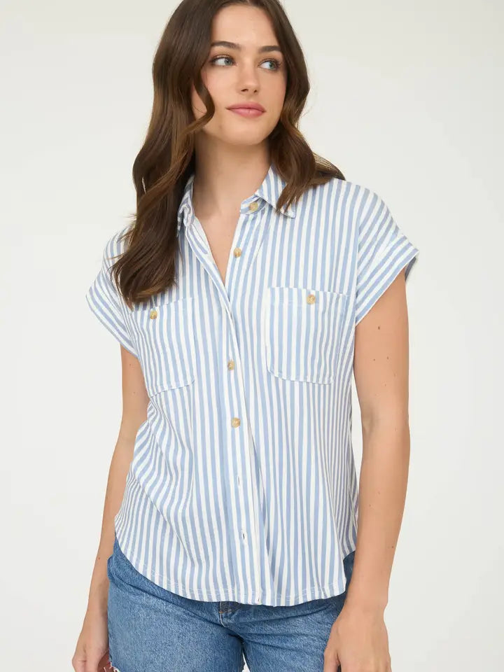 BP Dusty Blue Stripe Collard Top