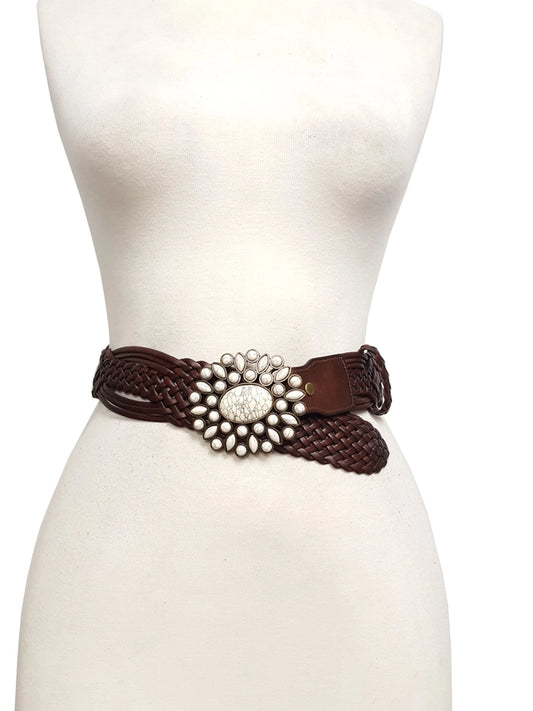 AXW Brown Hand Braided Leather Belt Bone buckle