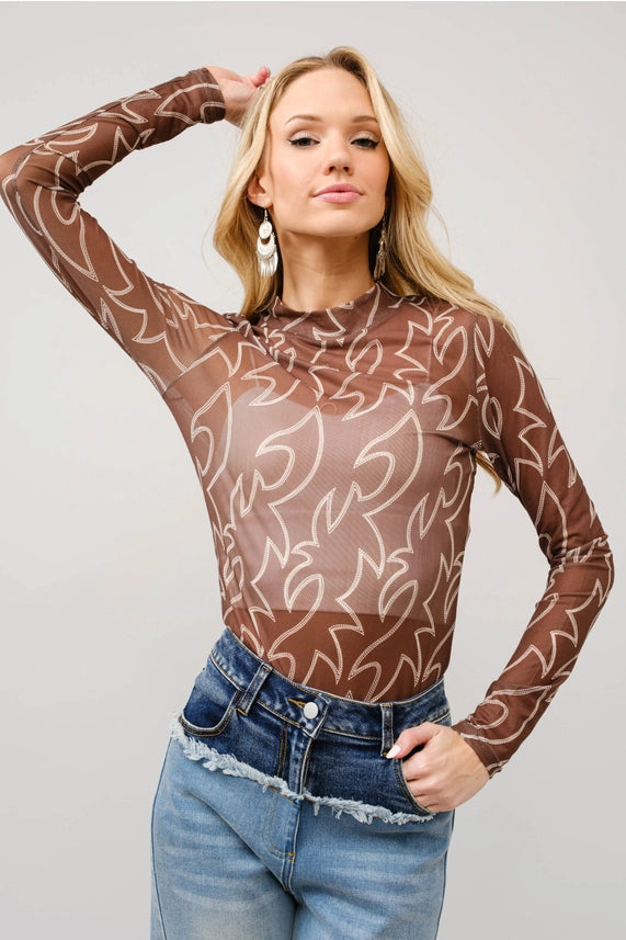 Blue B Brown Boot Stitch Mesh Top