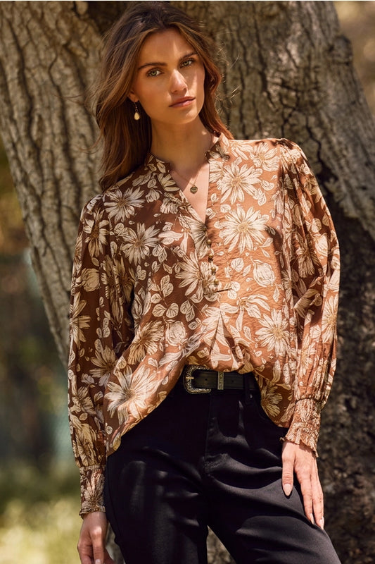 Oddi Mocha Floral Sheer Blouse