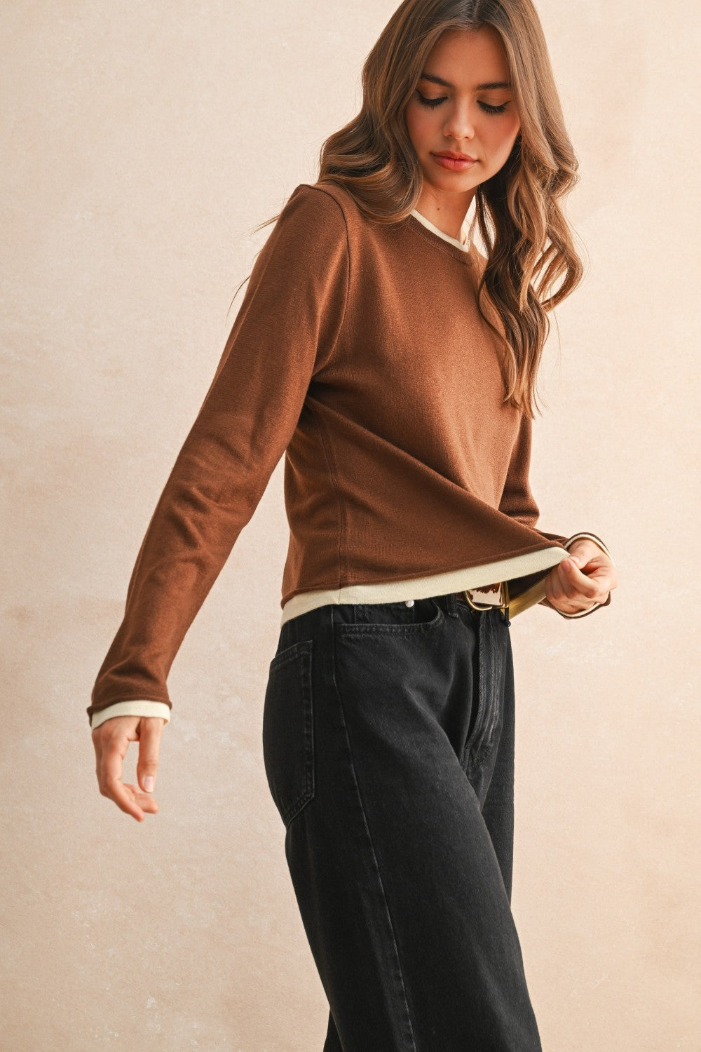 Miou Muse Brown Layered Knit Top
