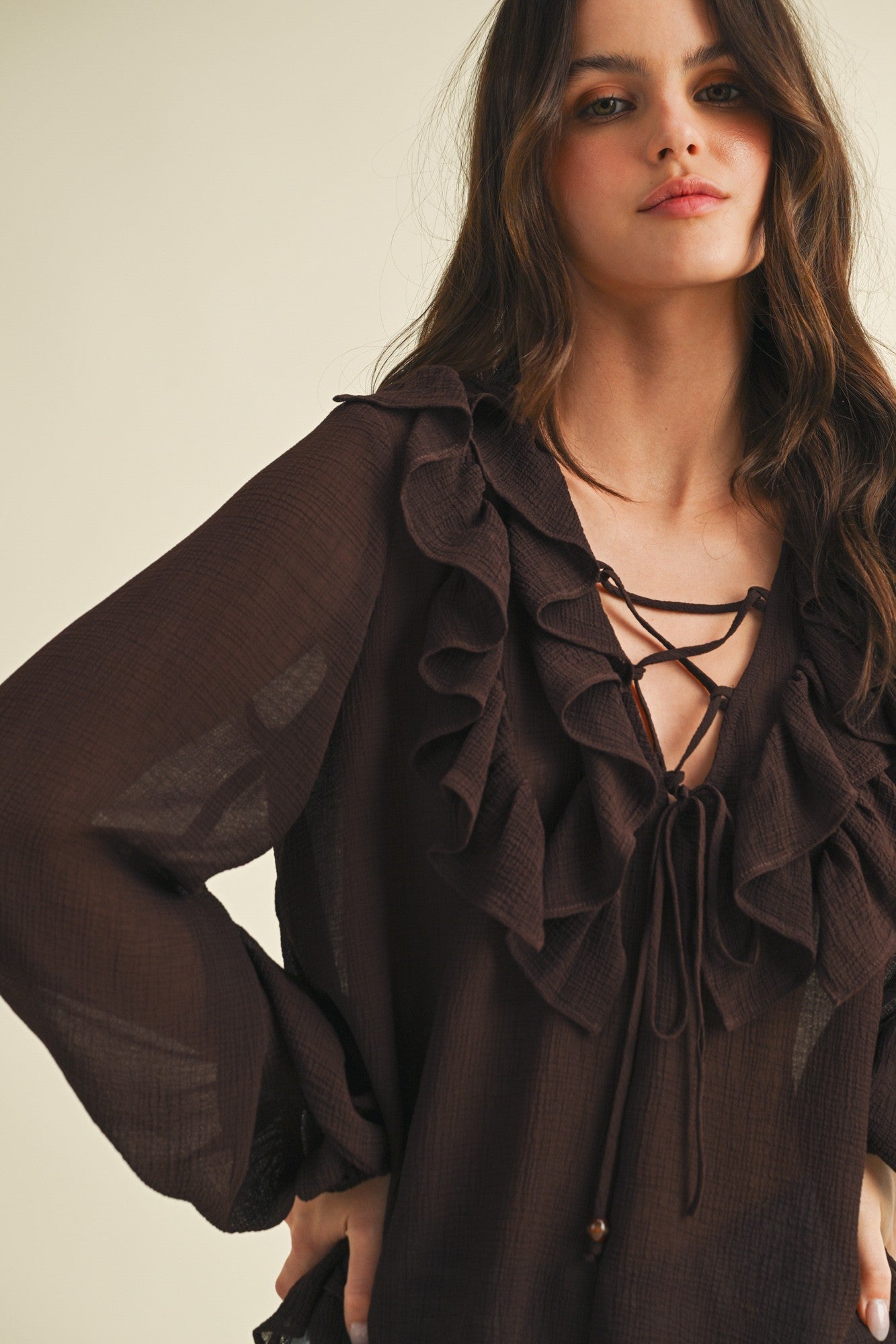 Mustard Brown Seed Ruffle V-neck Top