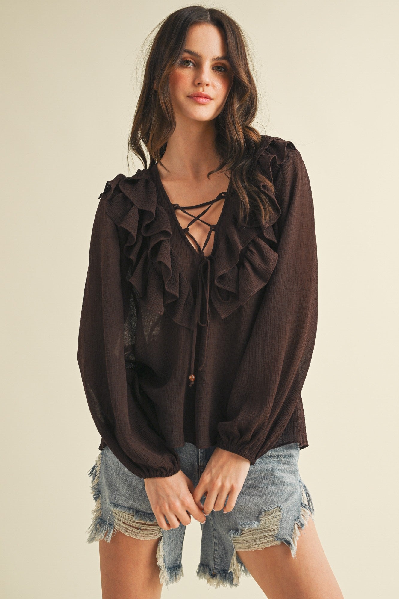 Mustard Brown Seed Ruffle V-neck Top