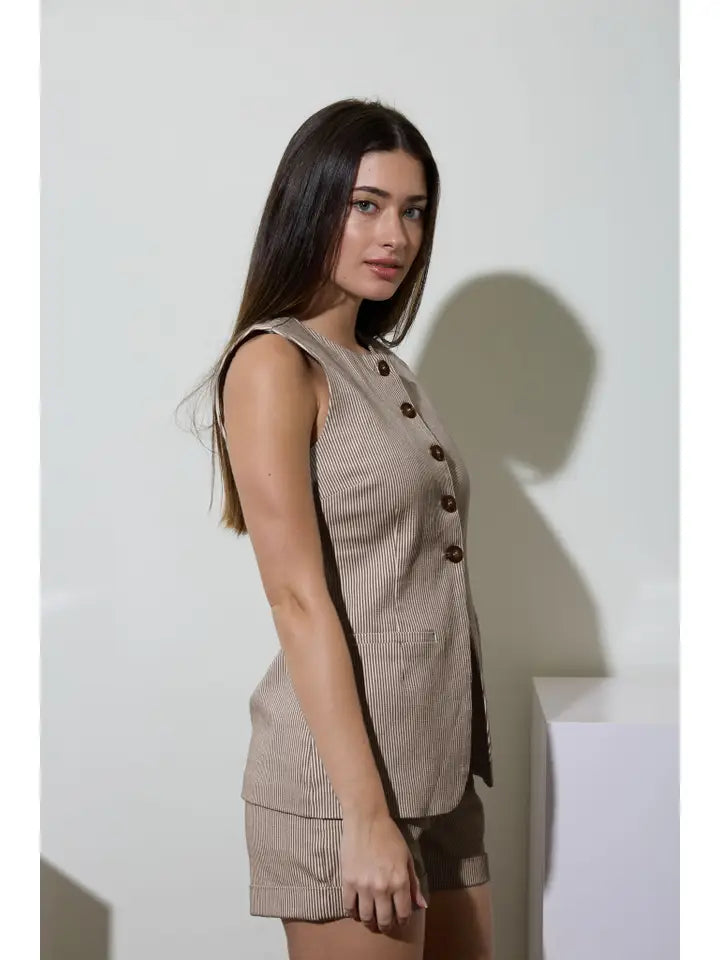 BP Brown Pinstripe Vest & Short Set - Petticoat Junction