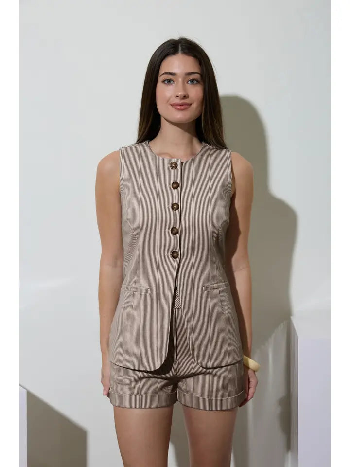 BP Brown Pinstripe Vest & Short Set - Petticoat Junction