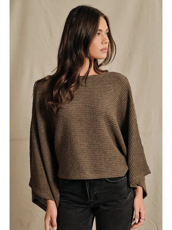 SE Brown Boat Neck Knit Poncho Top