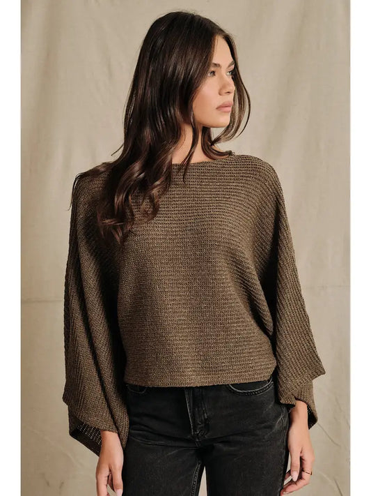SE Brown Boat Neck Knit Poncho Top