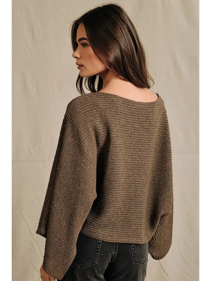 SE Brown Boat Neck Knit Poncho Top