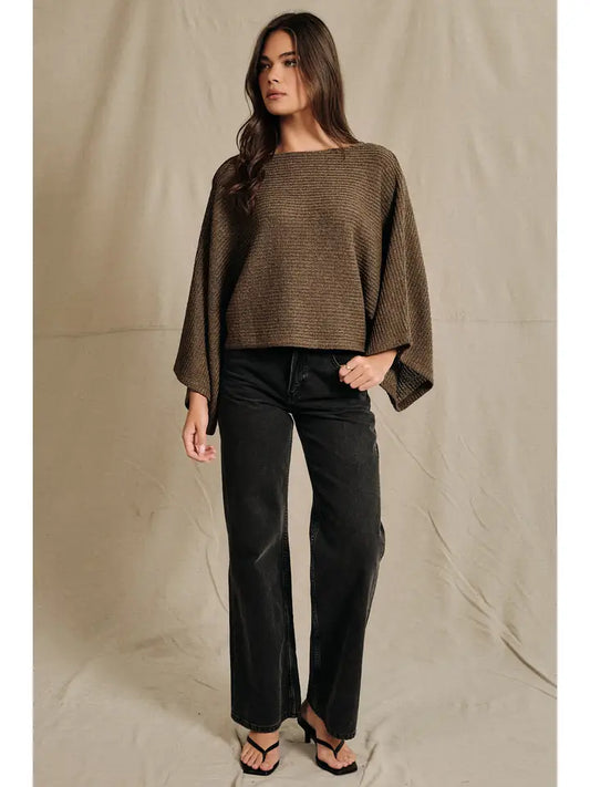 SE Brown Boat Neck Knit Poncho Top