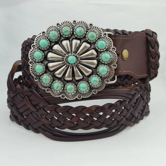 AXW Brown Hand Braided Leather Belt Turquoise buckle